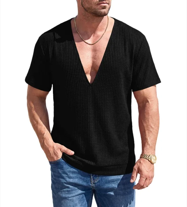 H3afbfc11a4404391b4319cd24d79aa83P.webp Men's Knit Deep V-Neck T-Shirt