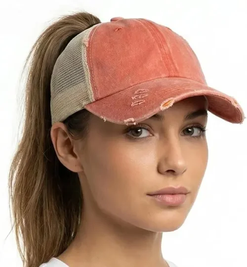 H6812910e5521486ea05ffb59098f833bI.webp Distressed Ponytail Mesh Trucker Cap