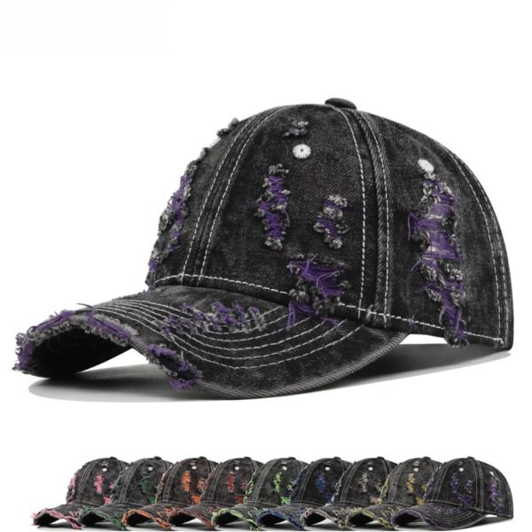 Color-Trim Distressed Denim Cap