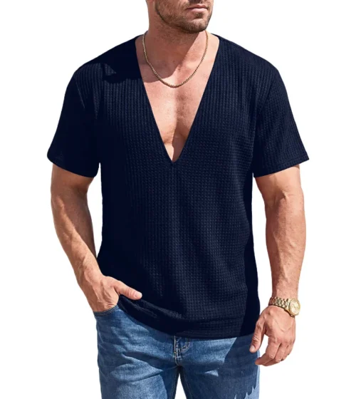 Hc4ca946c58444814b46982ff356c69cbS.webp Men's Knit Deep V-Neck T-Shirt