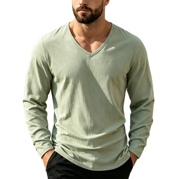 Hdb9ef29f19e04dc39963aec2374e944eb.webp Men's Linen-Blend V-Neck Long-Sleeve Top