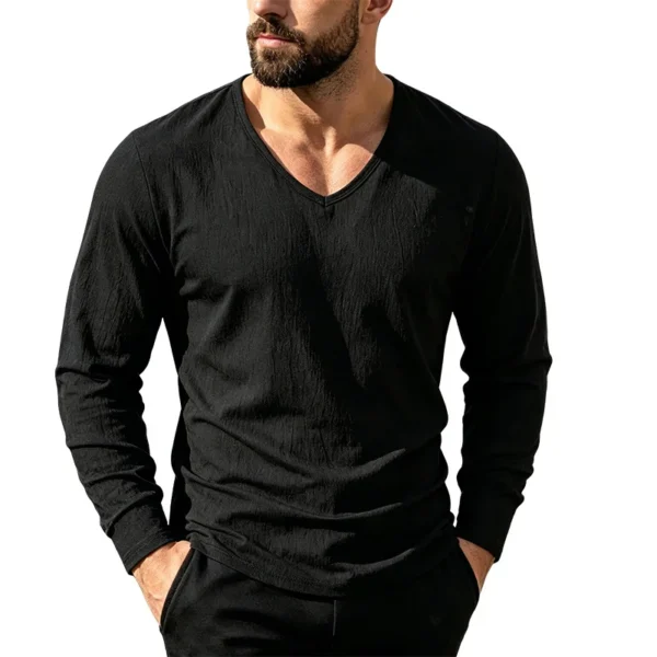 Hfe051fd4e12f457b982bac7b5e94198ce.webp Men's Linen-Blend V-Neck Long-Sleeve Top